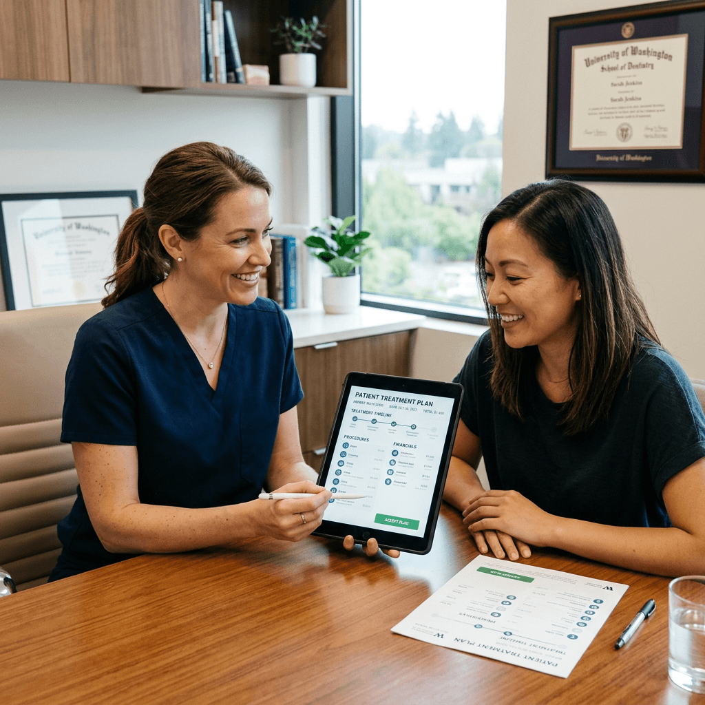 Dentist explaining treatment fees to a patient