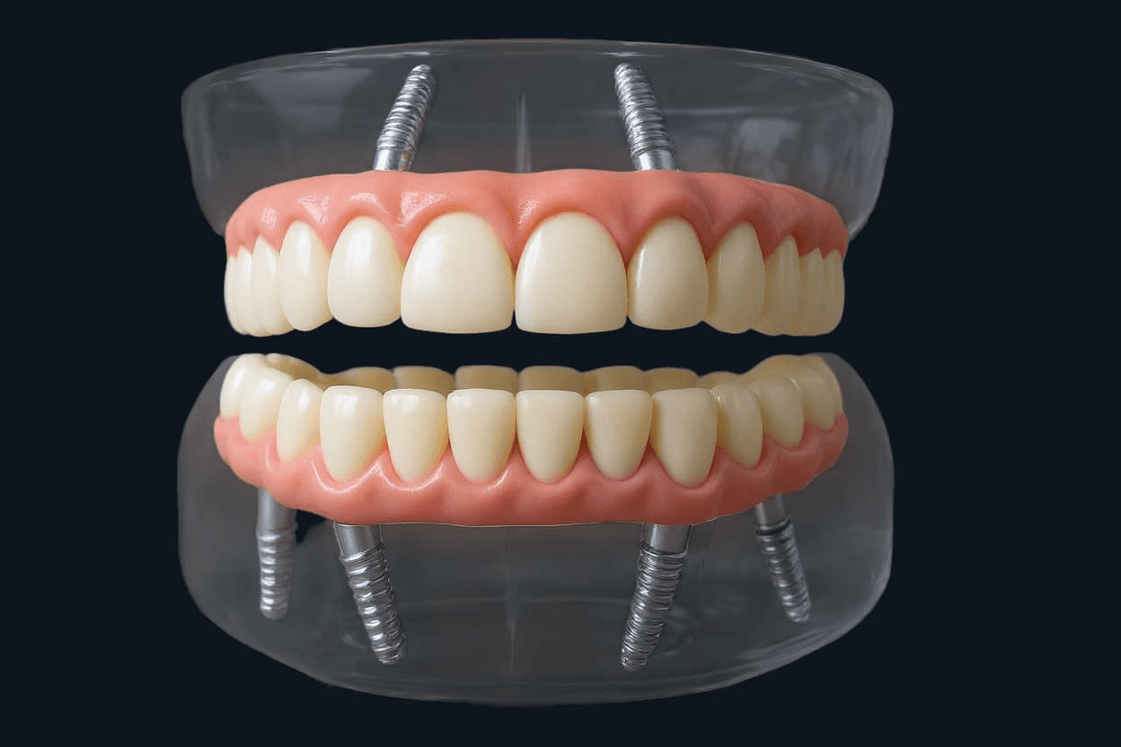 A transparent model of the mouth depicting how All-on-4 implants and bridges will be placed.
