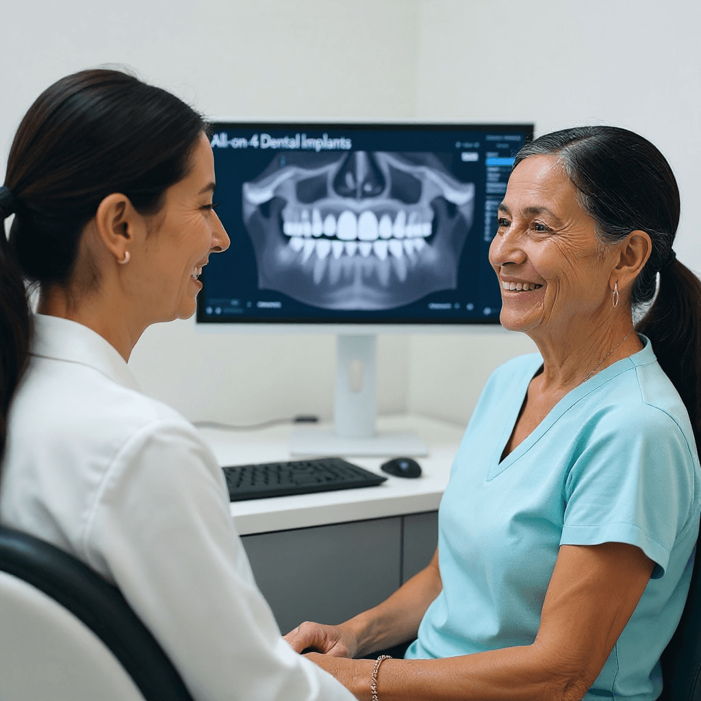 An elderly patient consults with a dentist while a screen behind them displays an X-ray titled "All-on-4 Dental Implants"