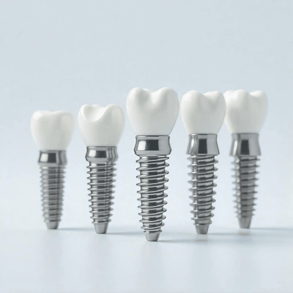 A stylised arrangement of titanium implants with dental crowns attached.