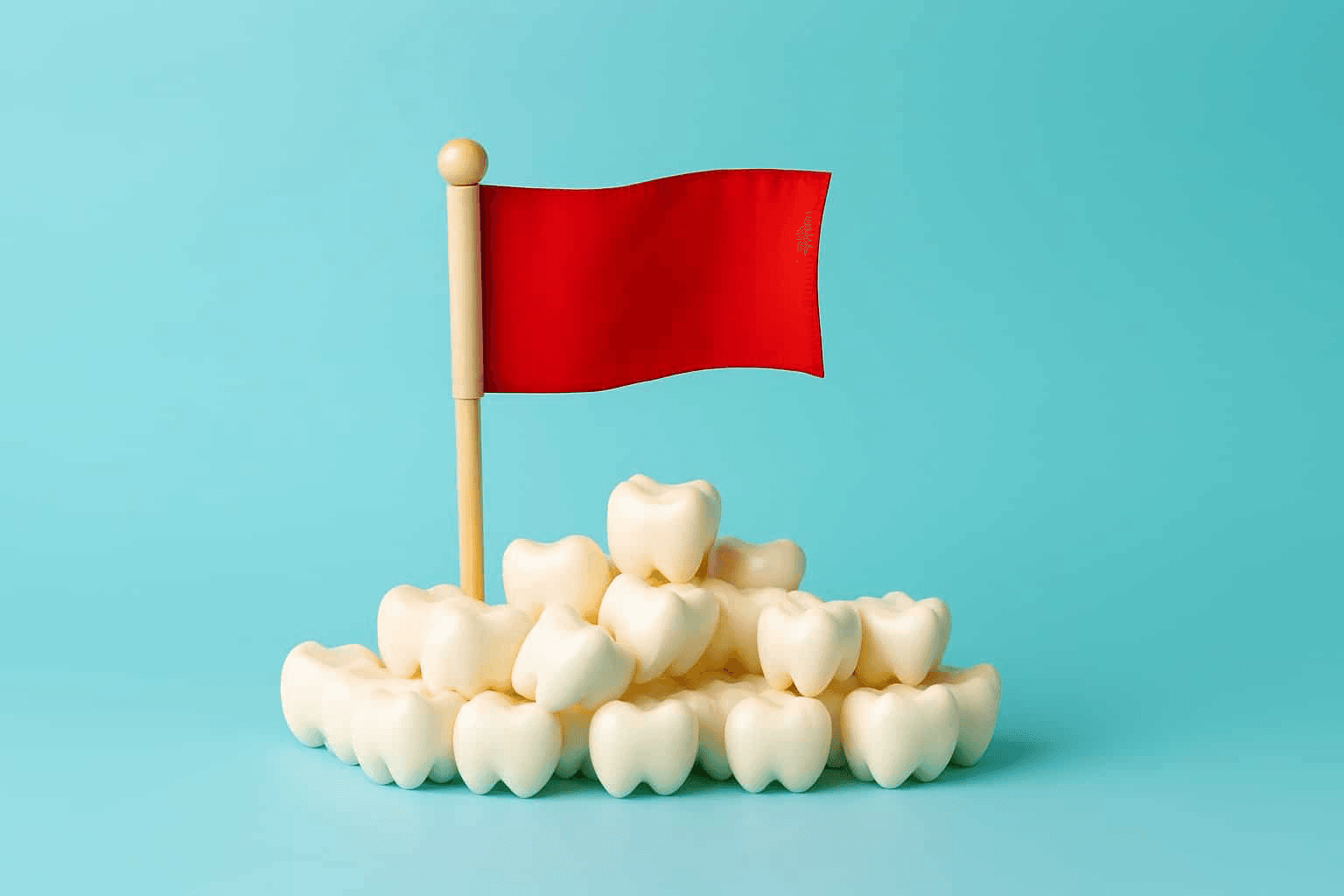 A red flag on a pile of dental crowns.